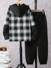 Boy's Hooded Shirt & Sweatpants Set Plaid Print Casual Outfits