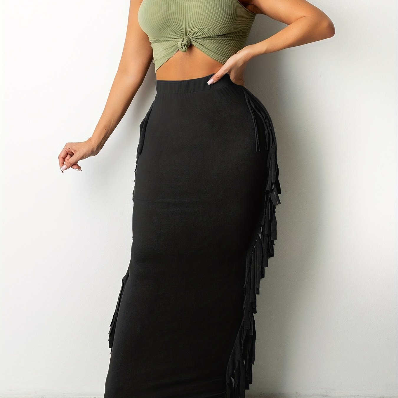 Solid Tassel Trim Maxi Midi Skirt