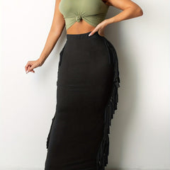 Solid Tassel Trim Maxi Midi Skirt