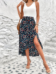 Floral Split Thigh Ruffle Trim Skirt High Waist Women's Clothing