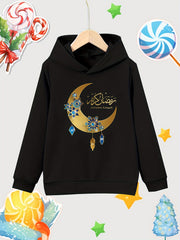 Moon Print Girls Cotton Hooded Sweatshirt for Autumn Winter