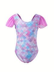 Fish Scale Print Gymnastics Leotard with Flutter Trim