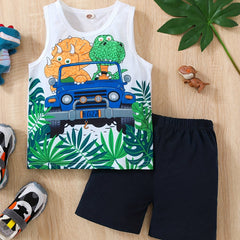 Boys Dino Driving Car Tank Top & Shorts Set