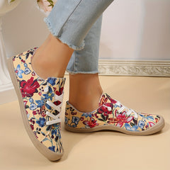 Flower Pattern Canvas Lace-Up Flat Sneakers for Women