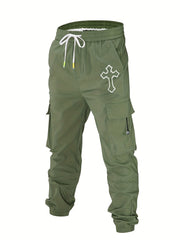 Christian Cross Print Cargo Pants Men's Flap Pocket Trousers