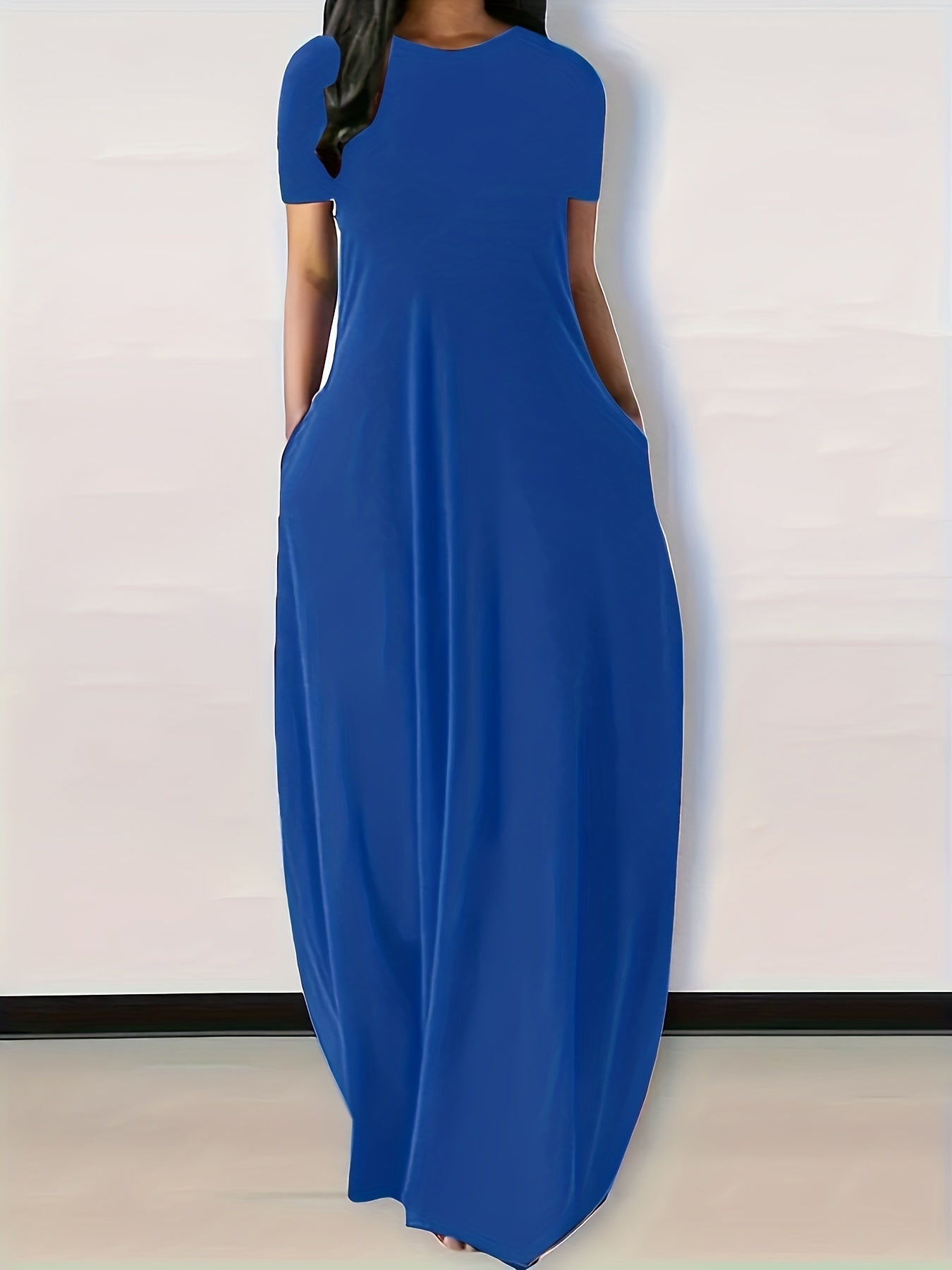 Solid Round Neck Loose Maxi Dress With Pocket Women's Plus