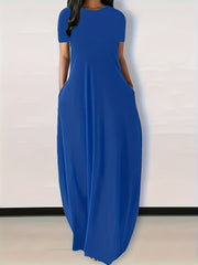 Solid Round Neck Loose Maxi Dress With Pocket Women's Plus
