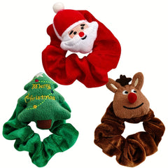 3pcs Christmas Cartoon Hair Ties Set Santa & Elk & Tree Charm Elastic Headbands