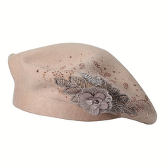 Flower Embroidery Beret Beige Lightweight Warm Berets Cap Women