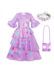 Girls Flower Print Ruffled Costume Dress & Bag & Garland Set