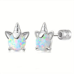 Unicorn Earrings 925 Silver Fire Opal Stud Hypoallergenic for Girls Women