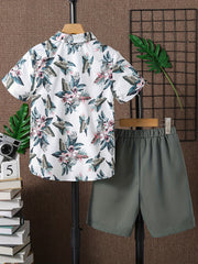 Boys Floral & Leaf Print Short Sleeve T-shirt & Shorts Set