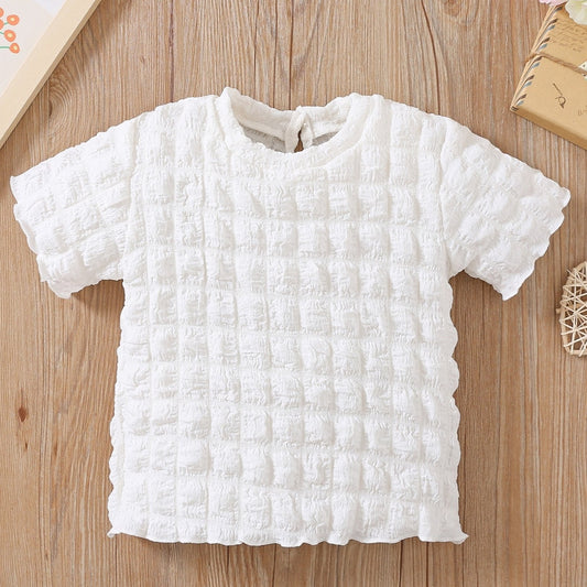 Girls Summer Frilled Trim Puff Blouse Round Neck Short Sleeved T-Shirt