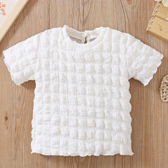 Girls Summer Frilled Trim Puff Blouse Round Neck Short Sleeved T-Shirt