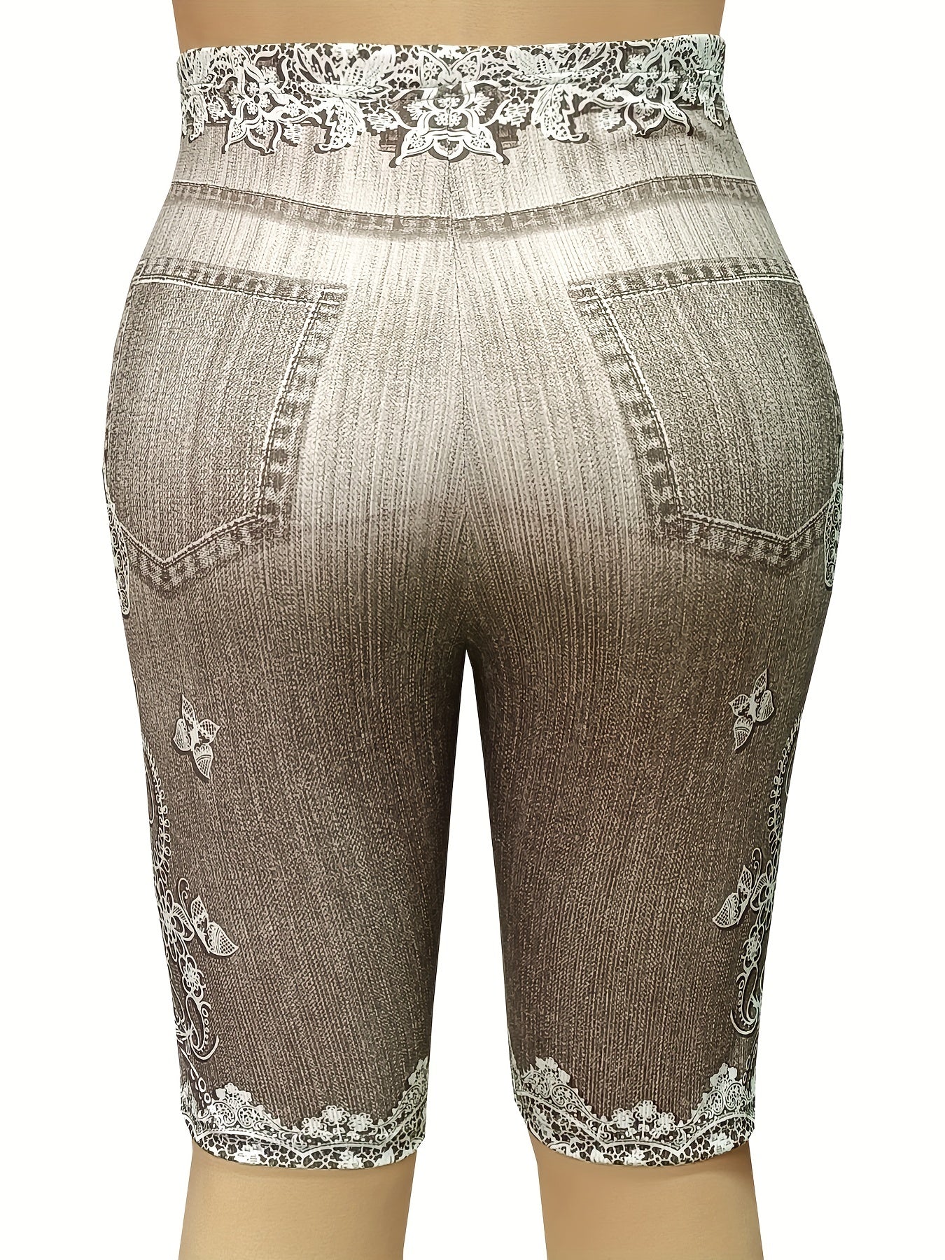 Denim & Floral Print High Rise Skinny Shorts