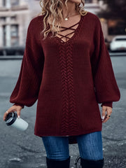 Criss Cross V Neck Solid Sweater Plus Size Lantern Sleeve Casual Sweater