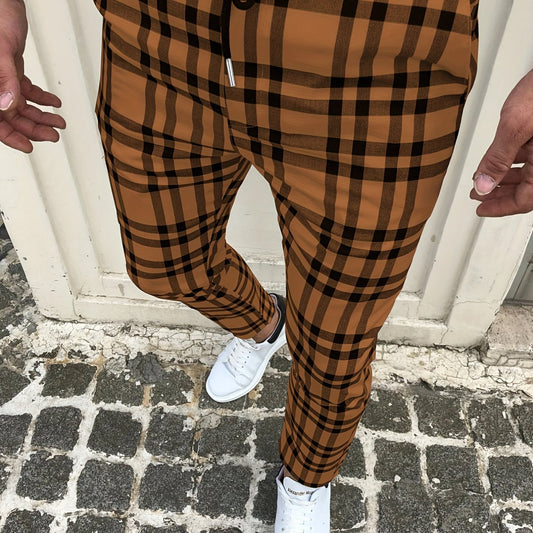 Plaid Slacks Men s Drawstring Trousers Retro Style Stretch Waist