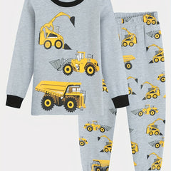 Boys 2pcs Car Print Pajama Set Long Sleeve Top & Trousers Round Neck Comfortable