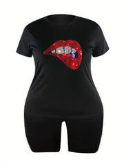 Rhinestone Lip Tee & Biker Shorts Set