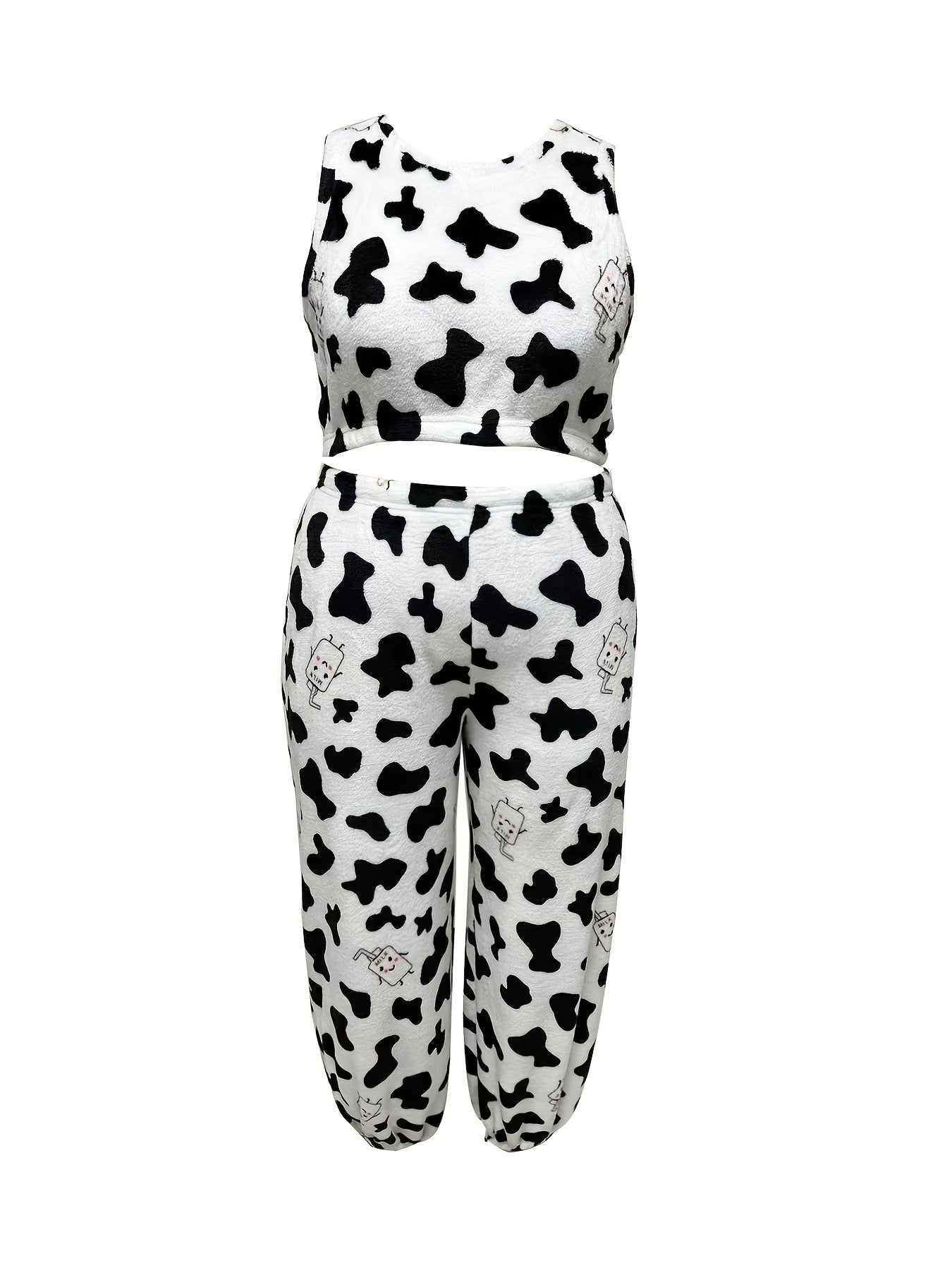 Women's Plus Size Cow Print Flannel Crop Tank Top & Joggers Pajamas Set