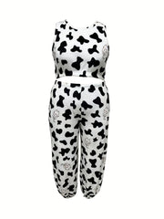 Women's Plus Size Cow Print Flannel Crop Tank Top & Joggers Pajamas Set