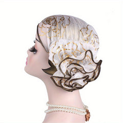 Hot Stamping Flower Pre Tied Head Scarves Ruffles Turban Cap