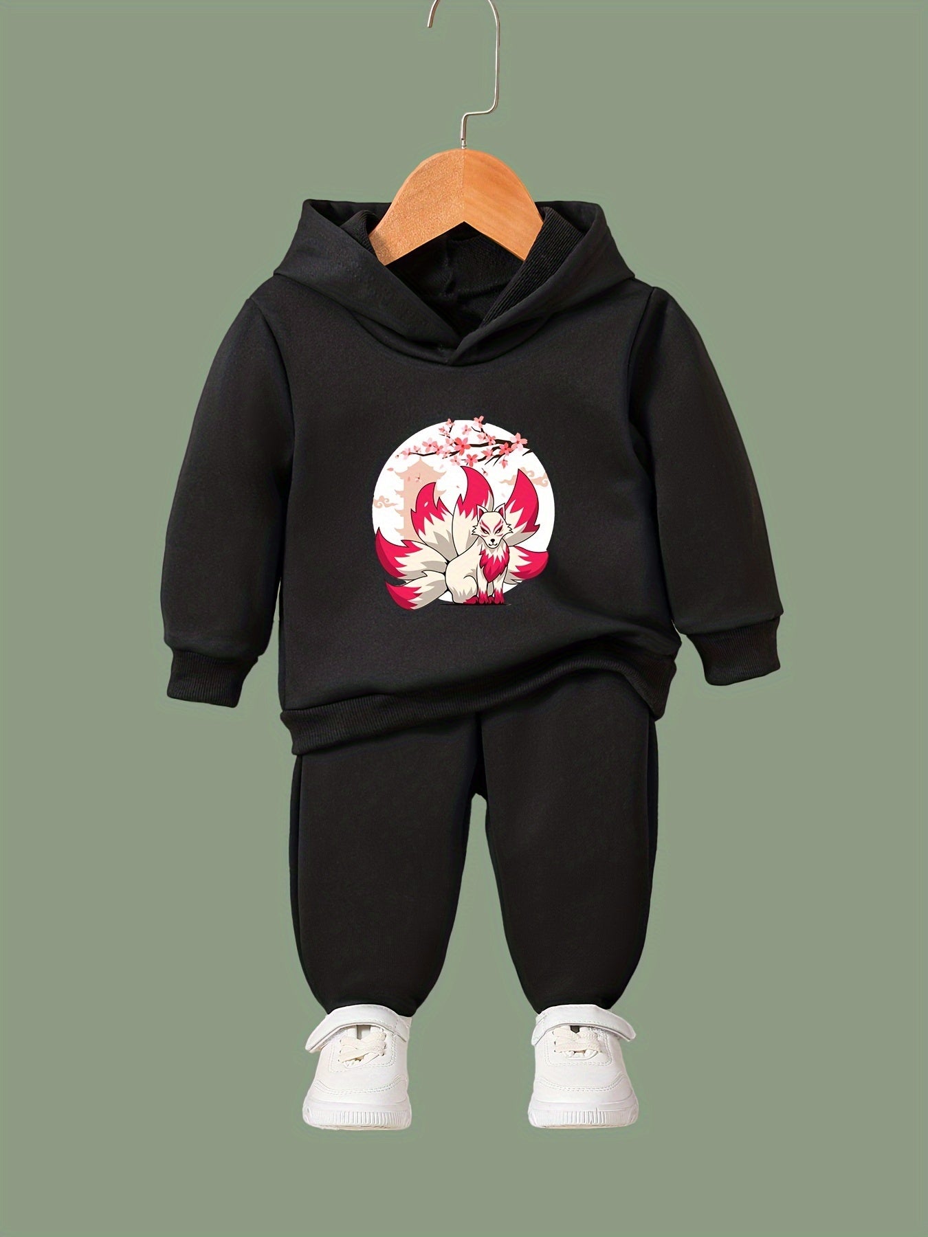 Girls 2pc Fox Pattern Hooded Sweatshirt Solid Sweatpants Set