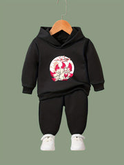 Girls 2pc Fox Pattern Hooded Sweatshirt Solid Sweatpants Set