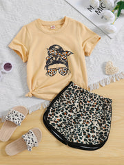 Girls Figure Graphic T Shirts & Leopard Shorts Set