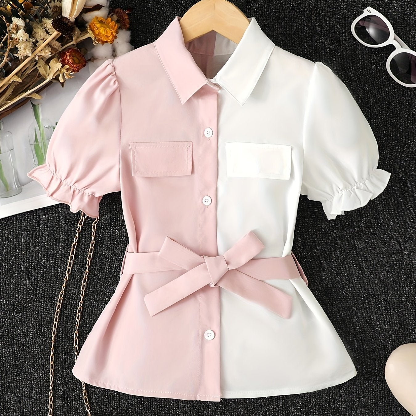 Girls Colorblock Collared Short Sleeve Blouse Tops