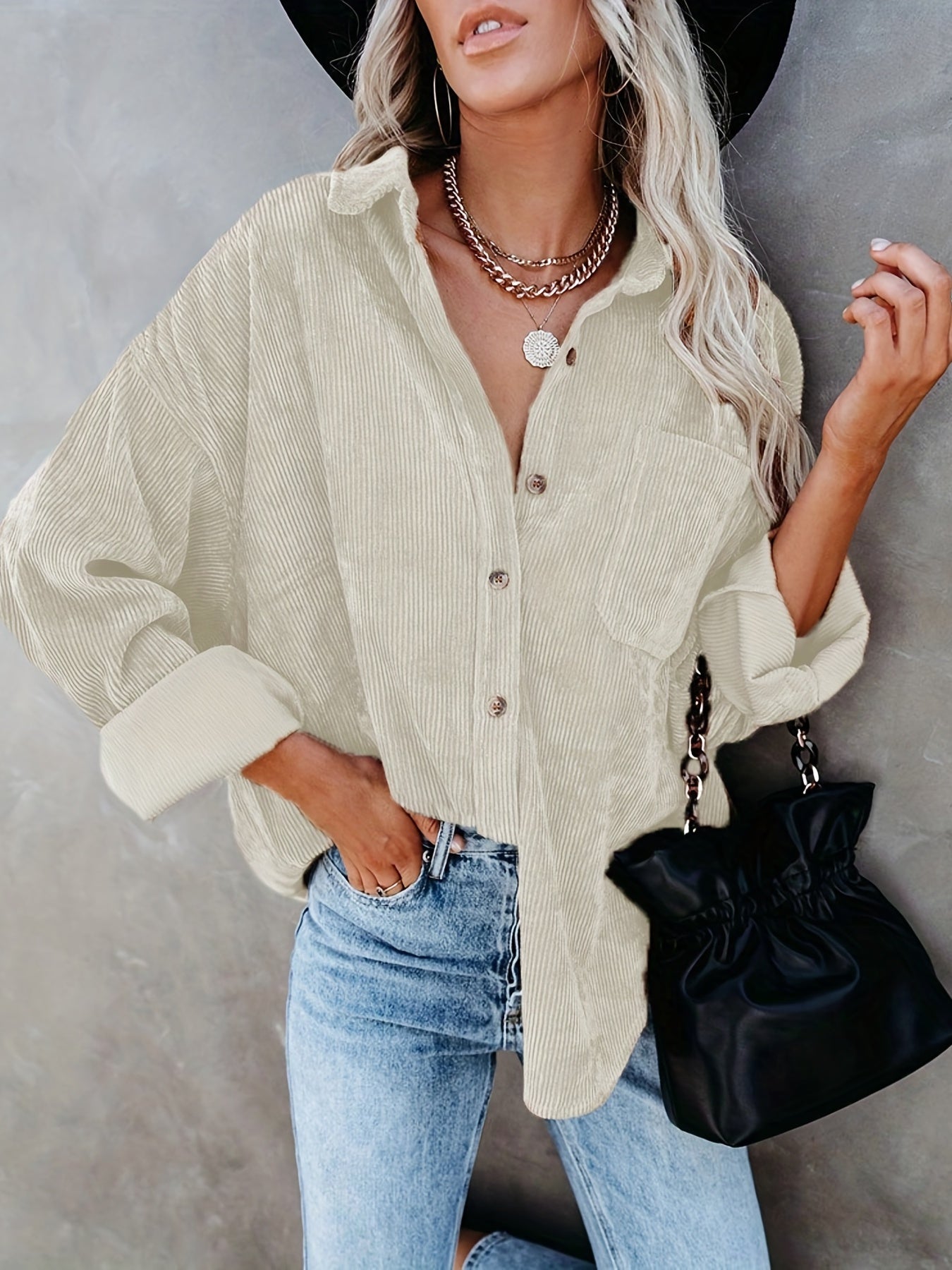 Corduroy V neck Loose Lapel Blouse Casual Button Down Long Sleeve Shirt