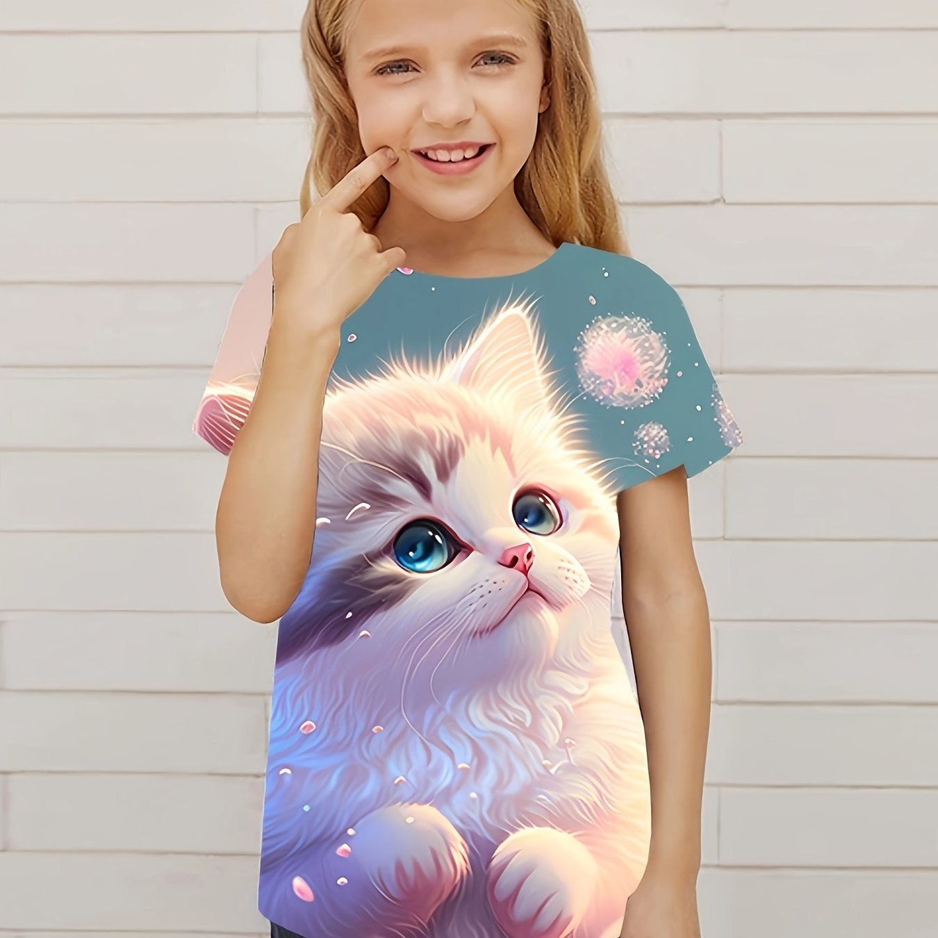 Dreamy Cat Graphic Short Sleeve T shirt For Girls