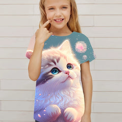 Dreamy Cat Graphic Short Sleeve T shirt For Girls