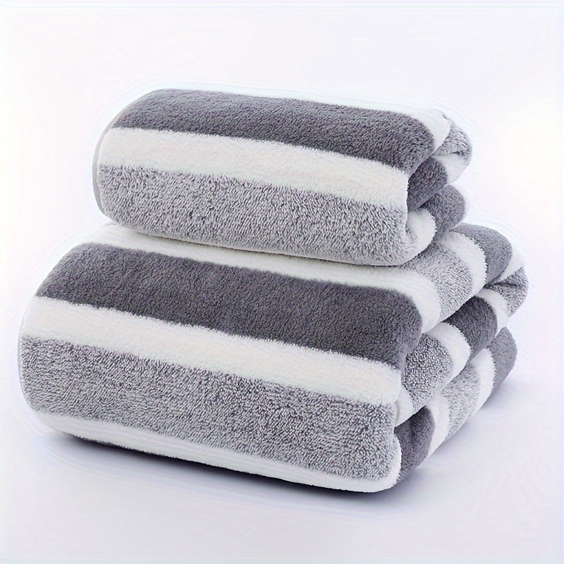 2pcs Striped Pattern Towel Set Soft Hand & Bath Towel Quick Drying Absorbent