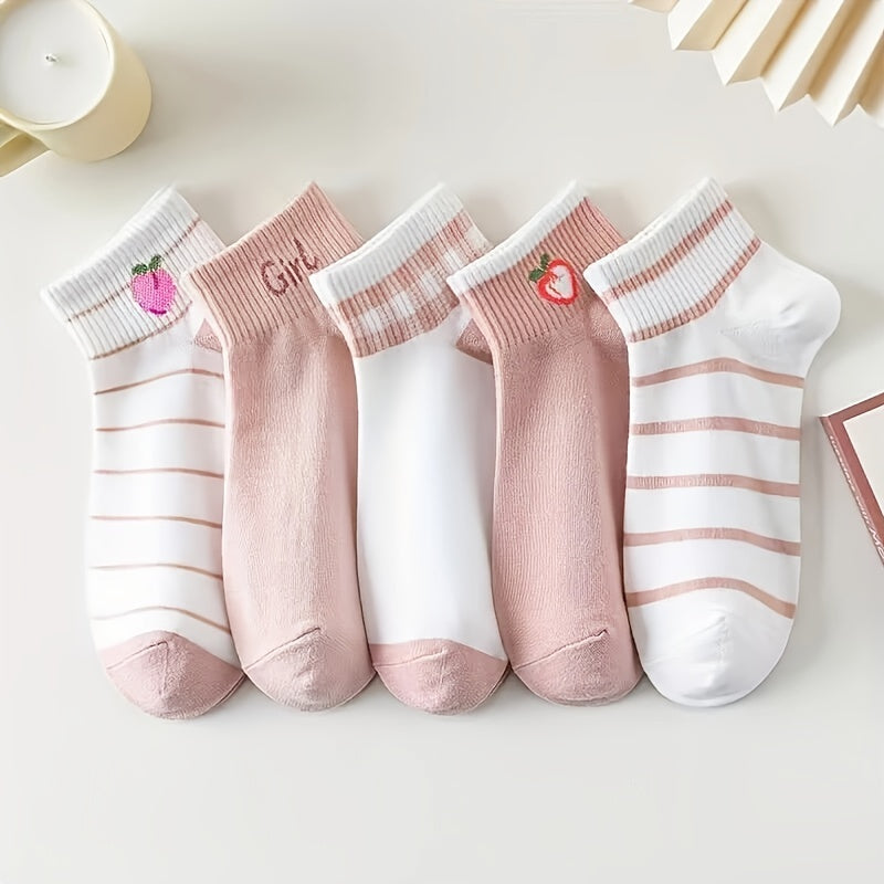 5 Pairs Fruit Pattern Ribbed Short Socks Women's Ankle Stockings