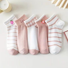 5 Pairs Fruit Pattern Ribbed Short Socks Women's Ankle Stockings