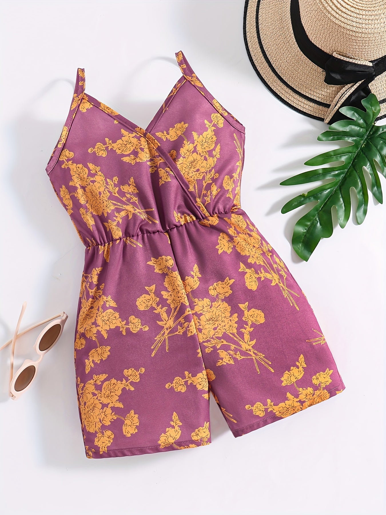 Girls Floral Print Jumpsuit High Waist Wide Leg Cami Romper Kids Summer Clothes