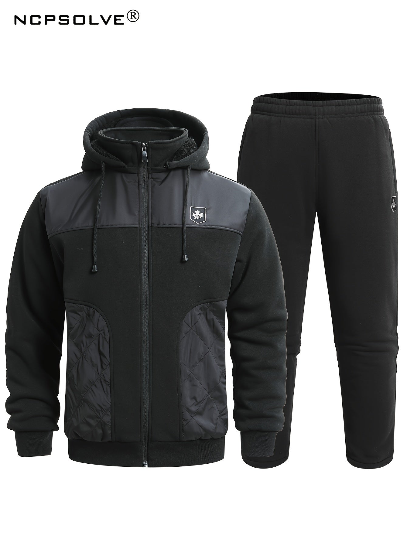 Men's 2 Pcs Zip Warm Hooded Jacket & Thermal Pants for Winter