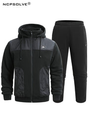 Men's 2 Pcs Zip Warm Hooded Jacket & Thermal Pants for Winter