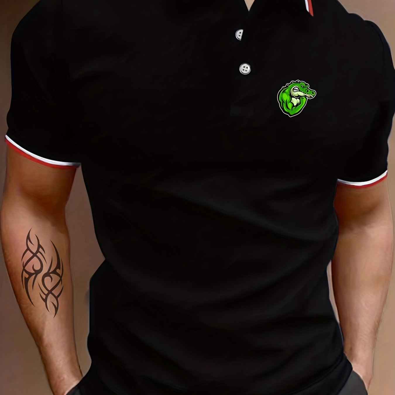 Men's Crocodile Print Polo Shirt Casual Stretchable Button Up Tee