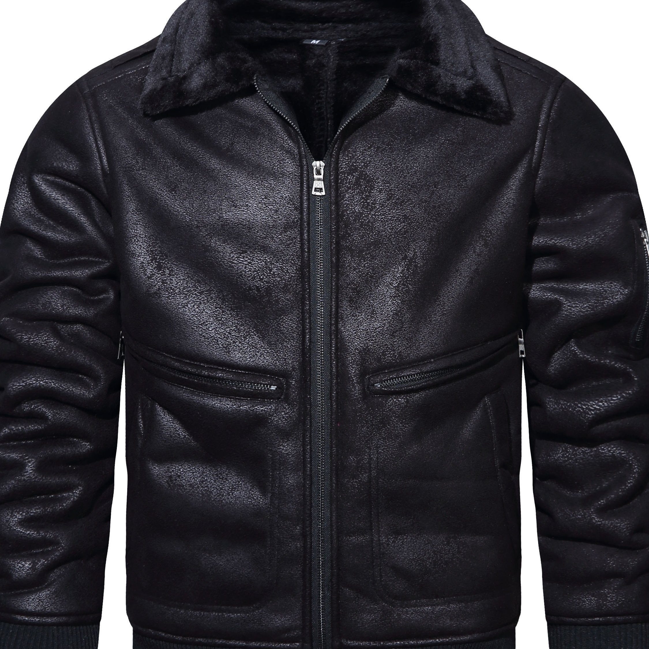 Men's Fleece PU Jacket Zip Up Lapel Leather Jacket Fall Winter