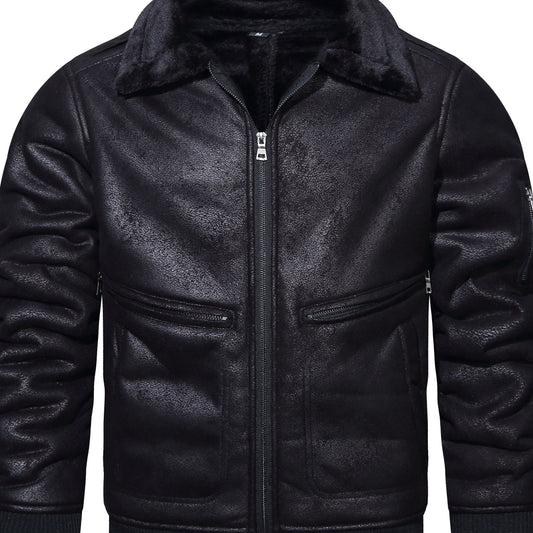Men's Fleece PU Jacket Zip Up Lapel Leather Jacket Fall Winter