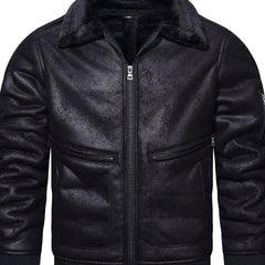 Men's Fleece PU Jacket Zip Up Lapel Leather Jacket Fall Winter