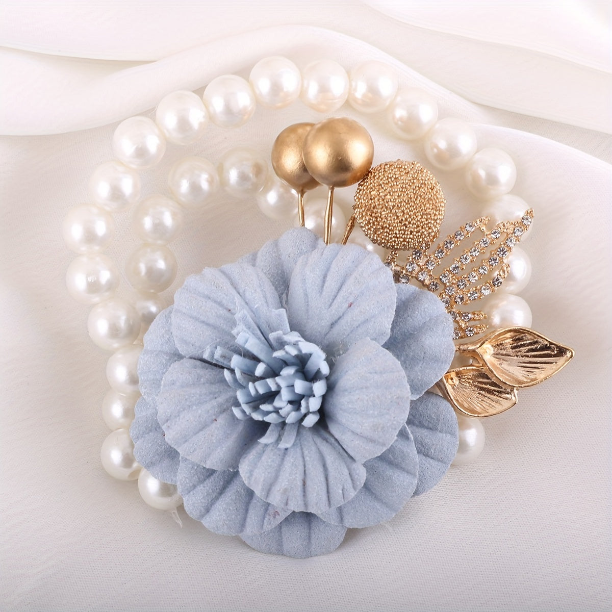 Bridal Flower Faux Pearl Beaded Wristband Rhinestone Jewelry