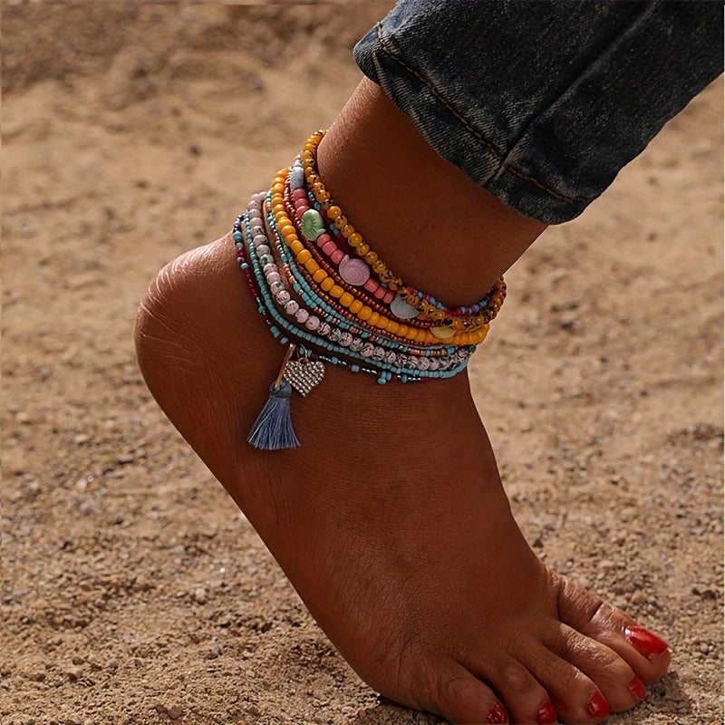 Bohemia Beaded Anklet Set Y2K Style Ankle Bracelet Set For Women & Girls