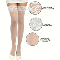 Lace Trim Thigh High Stockings Mesh Over The Knee Socks Women's Stockings