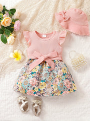 Baby Girls Floral Stitching Dress With Hat Belt 3pcs Set
