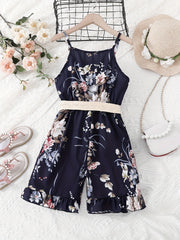 Girls Flowers Print Cami Jumpsuit Rompers With Belt
