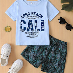 Boys Long Beach CA Casual Outfit T-shirt & Shorts Vacation Beach Kids Summer Set