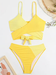 Colorblock Rib Knit Bikini Sets V Neck High Cut High Stretch Two Pieces Swimsuit